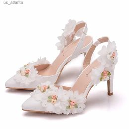 Dress Shoes Crystal Queen Elegant Adults Sandals Wedding Bridal Pointed Toe 10CM High Heels Lace Flower Formal H240409