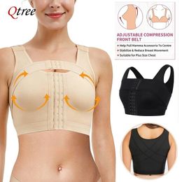 Qtree Womens Post-Surgery Front Closure Push Up Bra Posture Corrector Body Shaper Compression Shapewear with Breast Support Band 240320