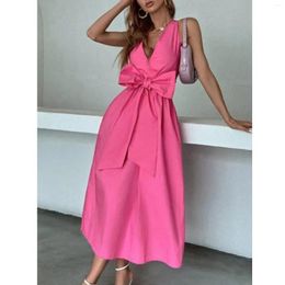 Casual Dresses Big Bow Women Elegant Bowknot Long Dress Sexy V Neck Lace Up Sleeveless A Line Party Streetwear Summer Lady Solid