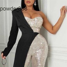 2024 New Womens Silver Patchwork Sequin One Shoulder Fashionable Jumpsuit