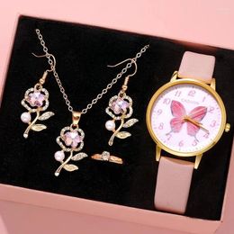 Wristwatches 5Pcs Set Ladies Elegant Dress Quartz Luxury Pink Butterfly Dial Design Women Fashion Casual Simple Round Clock
