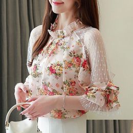Women'S Blouses & Shirts Off Shoder Women Spring Summer Style Chiffon Lady Casual Stand Collar Flower Printed Blusas Tops Zz0817 Wome Dhwmu