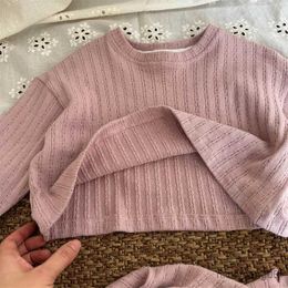 Clothing Sets 8872 Children Clothing Set 2024 Spring Summer Hot Sale Girls Suit Korean Lace Knitting Suit Long Sleeve Top+Short Two Piece Set