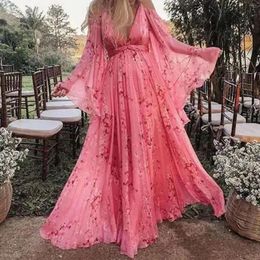 Casual Dresses Women V Neck Chiffon Dress Floral Pink Loose Long Skirt Cold Shoulder Swing Vestidos Para Mujer