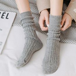 Women Socks Warm Soft Solid Color Simple Trendy Fashion Korean Style Stripe Wool Middle Tube Cotton Hosiery