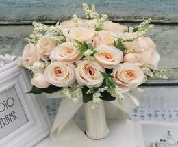 Wedding Flowers Bouquet With Silk Satin Ribbon Pink White Champagne Bridesmaid Bridal Party Holding FlowersArtificial Natural Rose4371368