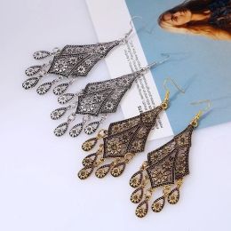 Delysia King Bohemian Retro Hollow Carved Flower Long Dangle Earring Ethnic Vintage Water Drop Tassel Earrings Indian Jewellery