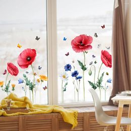 Window Stickers Red Flower Glass Static Sticker Butterfiles Living Room Bedroom Bathroom Home Decorative Pvc Wall Modern Decal