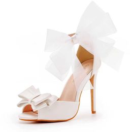 Dress Shoes Crystal Queen White Women Summer Pumps Party Stiletto Black Bilk Bow Thin High Heels Buckle Strap Platform Sandals H240409 HT04