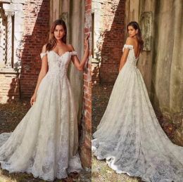 Hot New off the Shoulder Lace Wedding Dresses A-Line Appliques Sweep Train Long Bridal Gown Sexy Backless Custom Made Wedding Gown Plus Size