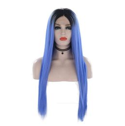 Fashion Women Wigs Ombre Blue Wig Long Straight Hand Tied Synthetic Lace Front Wig Glueless Heat Resistant Fiber Hair For Women Wi9166312