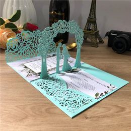 10 pieces 3D PopUp Light Blue Wedding Invitation Card Trifolded Laser Cut Pocket Bride Groom Greeting Invite Cards IC144 240328