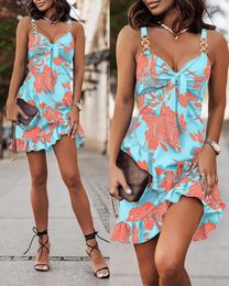 Casual Dresses Plants Print Ruffles Chain Decor Dress Women Sleeveless High Waist Sexy Floral Flower Mini Summer Spring