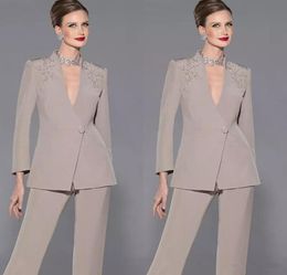 Elegant Mother Of Bride Pan Suit Long Sleeves Appliques Satin Mother Of The Bride Custom Made Formal Suit2195761