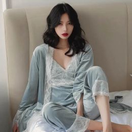 Sexy Winter Velour 3Pcs Pyjamas Set Women Lace Patchwork Home Clothes Cami&pants Sleepwear Velvet Nightwear Intimate Lingerie