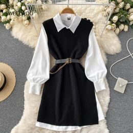 Women's Blouses Women Knitted Vest Shirt Dress Turn-Down Collar Long Sleeve Fashion Two Piece Suit Spring Winter 2024