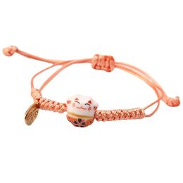 1PC Hand-woven Simple Cute Ceramic Lucky Cat Bracelet Hand-woven Red Colors Rope Bangle Couple For Women Girls Mama Jewelry Gift