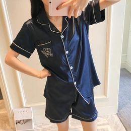 Home Clothing Women Pajamas Sets Silk Two Piece Set Shirt And Shorts Satin Pijamas Pocket Front Pyjamas For Turn-down Collar