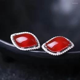 Stud Earrings 925 Pure Silver Natural Agate Jade Big Red Women