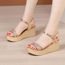 Sandals Elegant Crystal Gold Wedding Shoes Woman High Heels 2024 Summer Platform Wedges For Office Mom Party