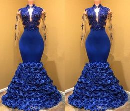 2018 New High Neck Sheer Long Sleeves Mermaid Prom Dresses Long Applique 3D Floral Flower Floor Length Formal Party Evening Dresse1018088