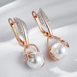 Dangle Earrings Wbmqda Luxury Pearl Women's Long Drop 585 Rose Gold Silver Color Ethnic Wedding Party Fine Zircon Jewelry Accessories