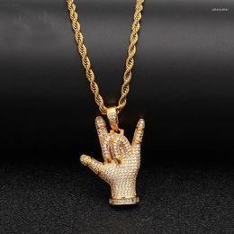 Pendant Necklaces Hip Hop Full CZ Zircon Paved Bling Iced Out Love You Gesture Pendants Necklace For Men Rapper Jewelry Gold Color Gift