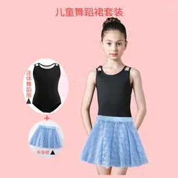 Stage Wear Children's Ballet Dress Set Black Hollow Nylon Sling Leotards With Lace Skirt Girls Tutu Gymnastics Bodysuit