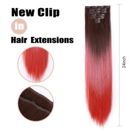 HAIRCUBE Synthetic 16 Clips in Hair Extensions Long Straight Brown Pink Red Ombre Hairpieces Heat Resistant False Hair for Women