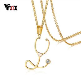 Pendant Necklaces Vnox Fashion Stethoscope Pendant Womens Necklace Gold Stainless Steel AAA CZ Stone Womens Jewelry Doctor Nurse GiftQ