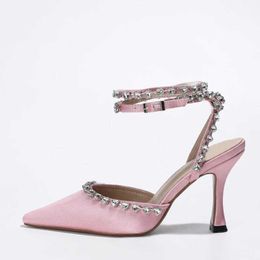 Dress Shoes Liyke Size 35-42 Sexy Heart Shaped Crystal Ankle Strap Women Pumps Sandals Solid Silk Pointed Toe Rhinestone Heels Wedding H240409 8USF