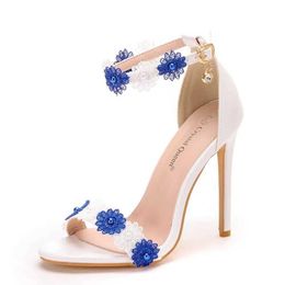 Dress Shoes Crystal Queen Women Sandals White Blue Lace Fine High Heels Slender Bridal Pumps Wedding Peep Toes Buckle Strap H240409 XCFR