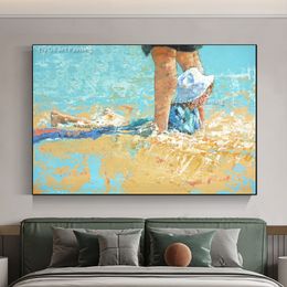 Beach Painting On Canvas Board Oil Painting Handmade Is A Figurative Work Of A Young Girl Playing In The Shallows Canvas Painting Modern Wall Art For Decor