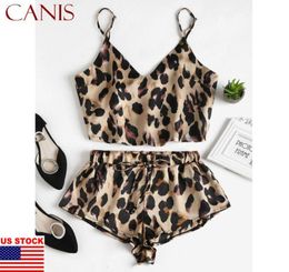 2020 New Sexy Ladies 2pcs Women Leopard Style Summer Satin Lace Sleepwear Suit Babydoll Lingerie Nightdress Pyjamas Set6688794