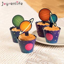 Solar System Outer Space Cupcake Topper Wrapper Happy Birthday Party Spaceship Astronaut Rocket Robot Theme Party Cake Decor