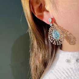 Dangle Earrings Stud Drop Earring For Women Gold Colour 925 Silver Needle See Blue Zircon Vintage Jewellery Fine Accessories Party
