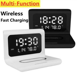 Chargers Multifunction Wireless Charger Pad Desktop Alarm Clock Thermometer Fast Charging Station Phone Charger for iPhone Samsung Xiaomi