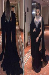 Crystal Beaded High Neck Black Evening Dresses CapeStyle flowing ribbon Illusion Back Mermaid Evening Gowns Dubai Arabic Party Dr3971381