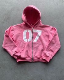 Harajuku Pink grunge oversized sweatshirt zip up hoodie Letter print hoodies tracksuit men goth y2k tops streetwear clothes 240329