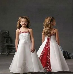 Red White and Satin Flower Girl Dresses for Wedding Spaghetti Straps Embroidery Lace Kids Birthday Party First Communion Gowns