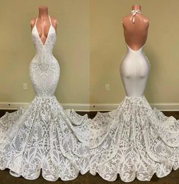 2020 Mermaid Prom Dresses Halter Lace Sequined Appliqued Backless Evening Dress Custom Made Special Occasion Gowns Plus Size1086126