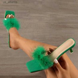 Slippers Liyke Summer Women Fashion Green Fur Feather PVC Transparent Sandals Shoes Casual Gladiator Low Thin Heels Mules Slides H240409