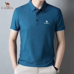 Embroidered CAMEL High End Ice Cool Silk Smooth Ice Silk Polo Shirt Mens Summer Striped Business Casual Breathable T-shirt Top 240402