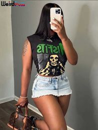 Womens Tanks Camis Weird Cat Halloween Style Womens Crop Top Skull Letter Printing ONeck Sleeveless Shoulder Strap Basic Tank Top Festival Party Y2K Street Clothing