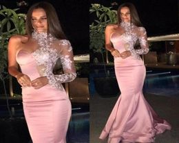 2019 Elegant Sexy Pink Mermaid Prom Dresses High Neck OneShoulder Lace Appliques Illusion Long Sleeve Plus Size Evening Gowns Ves7245379