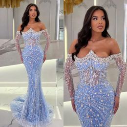 Baby Blue Crystal Mermaid Evening Dresses Elegant Off Shoulder Beaded Prom Dress Rhinestones Long Sleeves Formal Dresses for Women