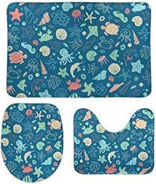 Bath Mats Light Blue Bathroom Mat Set Of 3 Pieces Absorbent Sea Rug Non Slip U-Shaped Contour Toilet And Lid Cover