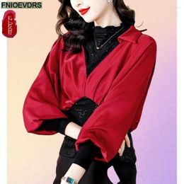 Women's Blouses M-4XL Red Green Bling Tops Women Winter Basic Wear Half Turtleneck Collar Retro Vintage French Design Shirt Peplum