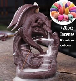 Fragrance Lamps Ceramic Dragon Backflow Incense Burner Smoke Waterfall Censer Stick Holder Home Decor 20pcs Cones7823555