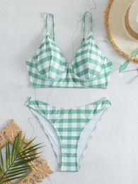 Women's Swimwear 2024 Plaid Push Up Bikini High Cut Swimsuit Women Strappy Female Bathers Bathing Swimming Swim Suit Beachwear